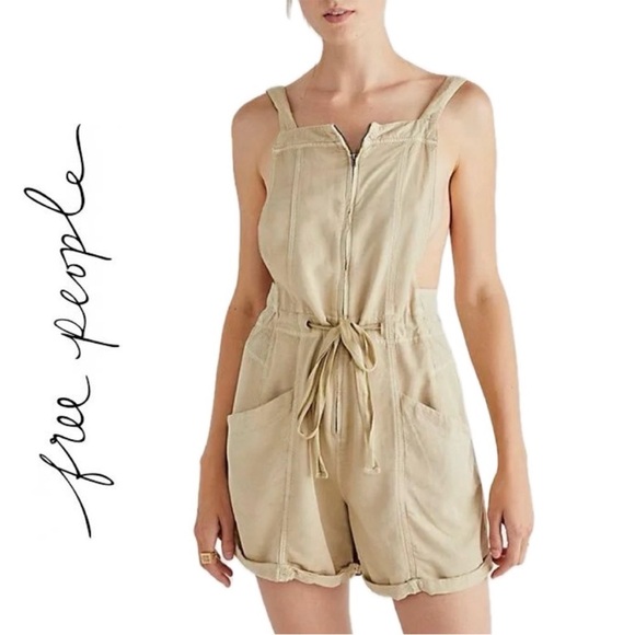 Free People Palm Valley Shortall Boho Zip Front Tie-Back Khaki - Picture 15 of 15